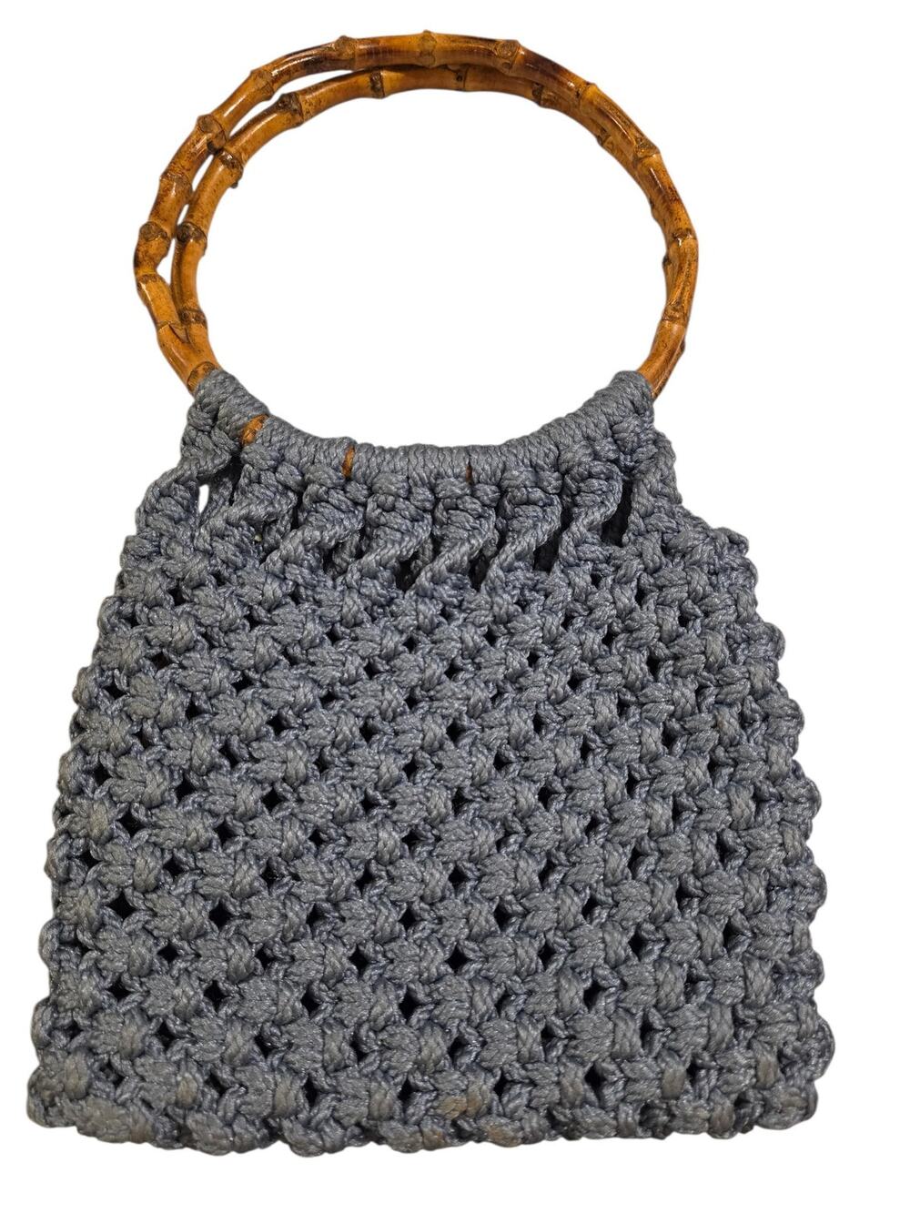 Vintage handmade macrame handbag with round bamboo handle